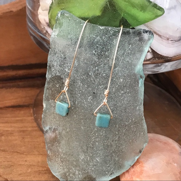Handmade Dainty Geometric Turquoise Glass Earrings - Picture 2 of 4
